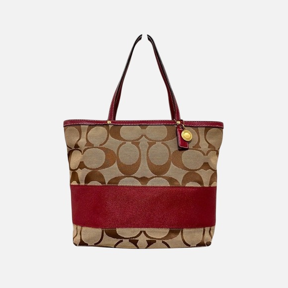 Coach Handbags - Coach Signature Stripe Tote Bag Canvas Burgundy Leather Y2K Vintage 10124